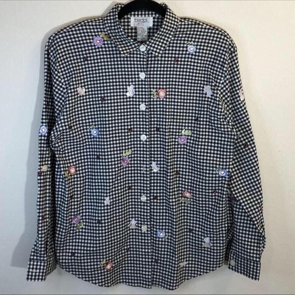 Vintage Teddi Size Petite Medium Embroidered Spring Button Down Gingham Ladybugs